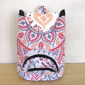 White and Pink Multi Color Mandala Printed Cotton Backpack