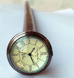 Brass and Wooden Cane Walking Stick with Clock on Top