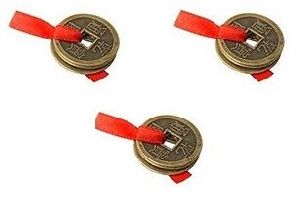 FENG SHUI THREE LUCKY CHINESE COINS TIED WITH RED RIBBON