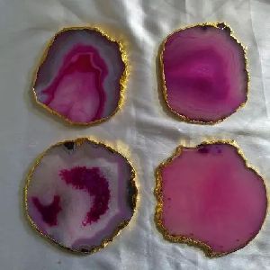 Pink Agate Coasters with Gold Rim