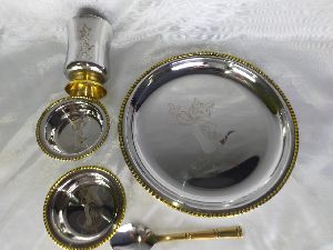 Two Tone Brass Steel Thali Set for Kids
