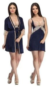 Satin Plain Babydoll Nightdress With Robe, Size : M, Free