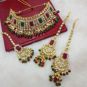 Indian Ethnic Gold Plated Rani Padmavati Kundan Pearl Bridal Choker Necklace Set