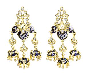 New Traditional Gold Plated Kundan Meenakari Earrings For Women And Girls ( Blue)