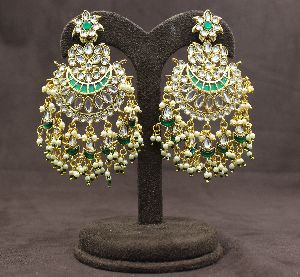 Pachi Kundan Chand Bali Green Color Long Gold Plated Earrings