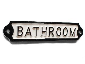 Vintage style bathroom door sign. Cast in solid metal with raised hand painted lettering and rim in