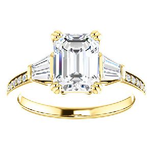 Emerald Moissanite & Baguette Diamond Engagement Ring