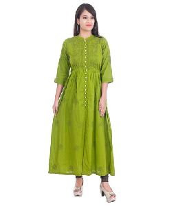 Ethnava Anarkali Cotton Flared Kurti, Color : Green