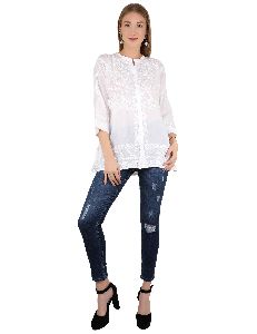 Chikan Handmade White On White Embroidery Tunic with Buttons On Front