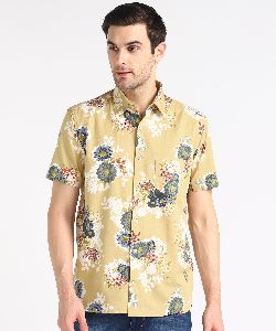 Mens Pale Yellow Big Flower Print Half Sleeves Cotton Shirt
