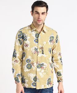 Mens Yellow Big Flower Print Full Sleeves Cotton Shirt