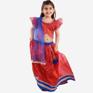 Kids Bandhani Print Flutter Sleeve Choli With Lehenga Set