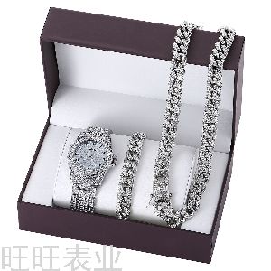 Diamond Steel Strap Quartz Watch Bracelet Necklace Set