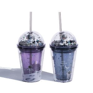 Double straw Cup Creative gift customized plastic cup children's lovely water cup with light