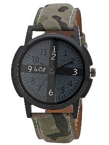 LOFBlack Round Dial Metal Strap Men's 2 Watches Combo Multi Function Analog Watch (Army Green)