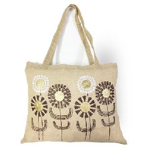 Flower With Gold Pattern Jute Bag