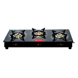 CARVES 3 Burner Alfa Black Glass MS Frame LPG Gas Stove. It Comes with Casting Heavy pan Supports, (