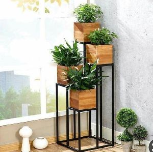 Four Tier Metal And Wood Plant Stand