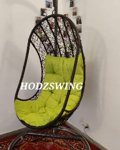 UNIQUE COMPACT DARK BROWN SWING CHAIR WITH GREEN CUSHION