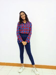 Ladies Red and Blue South Checkered Woolen Shirt
