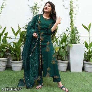 TRENDY Women Rayon Kurti Pant Dupatta Sets In Gold Print