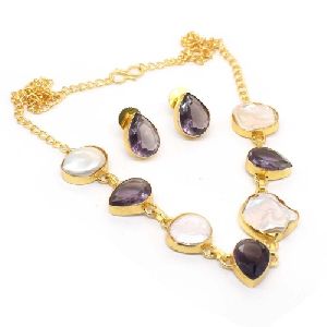 Amethyst Pearl Gemstone Gold Plated Necklace Set