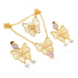 Pink Rose Quartz Gold Plated Necklace Set