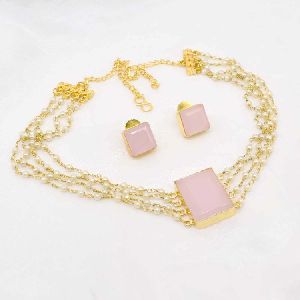 Rose Quartz Gold Plated Choker Necklace Set