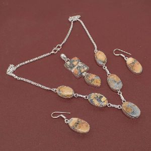 Silver Plated Malinga Jasper Gemstone Pendant Necklace Set