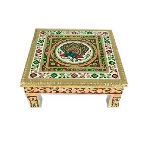 Wood Hand Painted Pooja Chowki, Size : 15x15x6, Color : Multicolor at ...