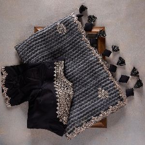 Black Grey Georgette with Sequence Crochet Work Sarees