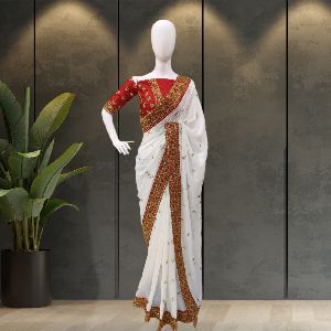 White Royal Vichitra Silk Sarees