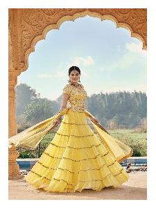 Yellow Soft Net Panelled Lehenga