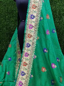 Green Banarasi Handloom Semi Katan Silk With Elephant Meena Weaved Saree