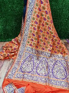 Orange Blue Banarasi Handloom Semi Katan Silk With Shikargarh Meena Weaved Saree