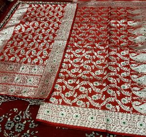 Red Bridal Banarasi Catlon Katan Silk Meena Weaved Saree With Dupatta