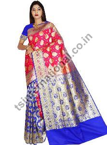 Banarasi Satin Katan Silk Gold Boota Weaved Patli Contrast Bridal Saree