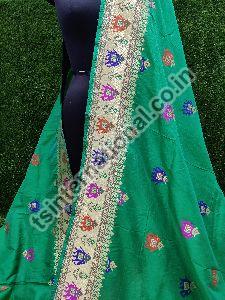 Green Banarasi Handloom Semi Katan Silk With Elephant Meena Weaved Saree