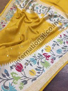 Pure Handloom Tussar Georgette Silk With Kadhwa Paithani Border Pallu Meena Weaved Saree