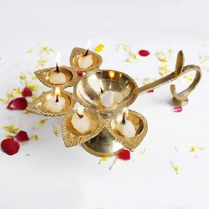 Antique Brass Panchmukhi Small Arti Diya With Handle