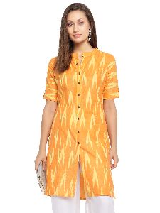 Vastraa Fusion Women's Pure Cotton Ikat Printed Kurti - (Orange)