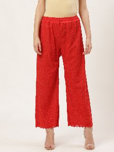 Vastraa Fusion Women's Regular Fit Cotton Chikan Palazzo - (Red)