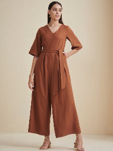 Button Down Flared Belted Jumpsuit