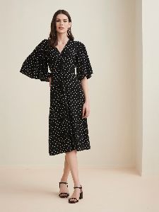 Polka Front Knotted Midi Dress