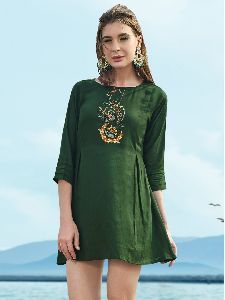 Bottle Green Embroidered Rayon Tunic