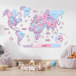 3D Multicolored Wooden World Map - Canvas
