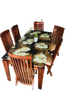 Floral Glass Top 6 Seater Dining Table Set