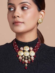 Gold and Red Necklace Set With Hydro Polki