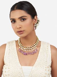 Gold Shell Pearl Necklace Set with Hydro Polkis and Purple Amethyst Tumbles