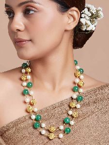 Gold Zari Thread Necklace with Green Agate Beads and Shell Pearls